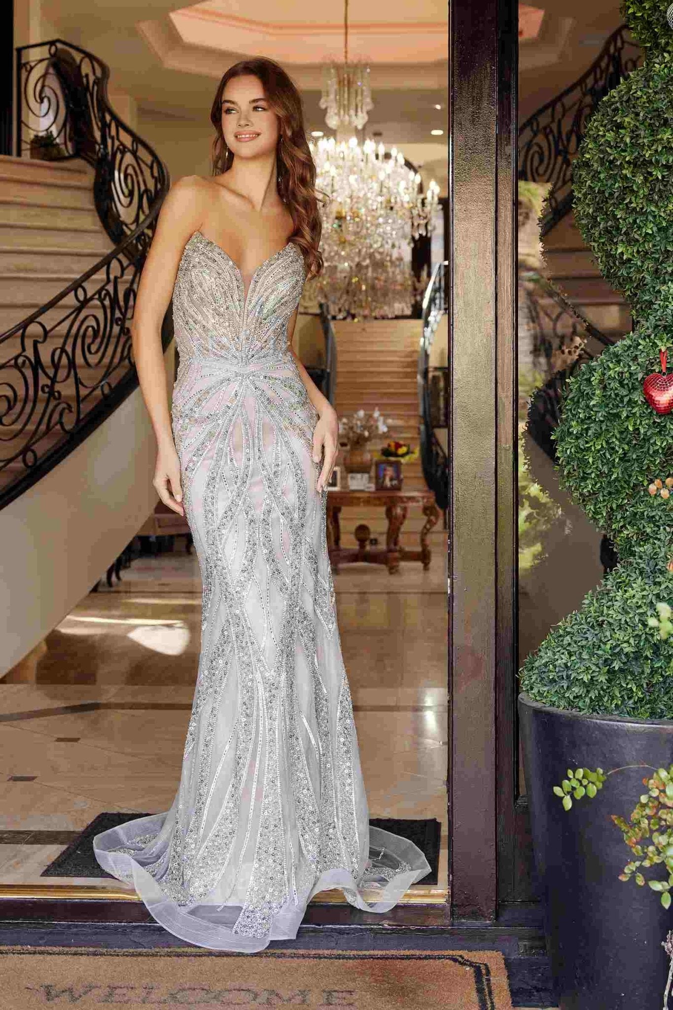 Nox Anabel C1833 Strapless Beaded Gown With Peaked Neckline Prom Gown - Luzilly Bridal & Apparel
