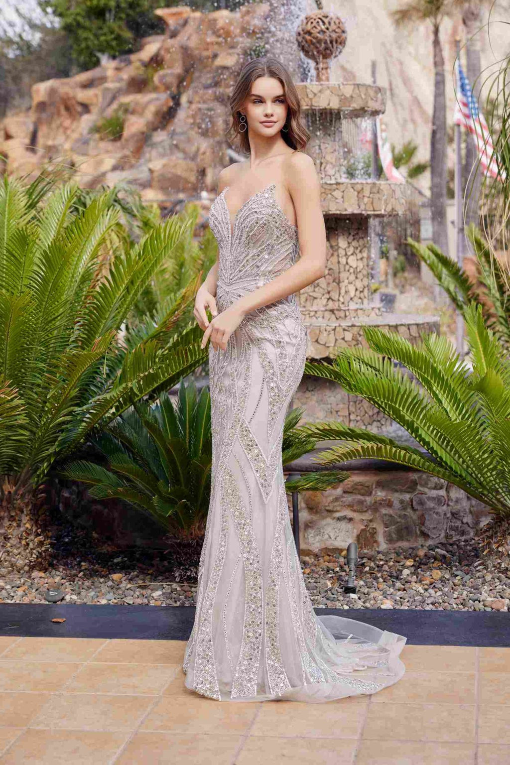 Nox Anabel C1833 Strapless Beaded Gown With Peaked Neckline Prom Gown - Luzilly Bridal & Apparel