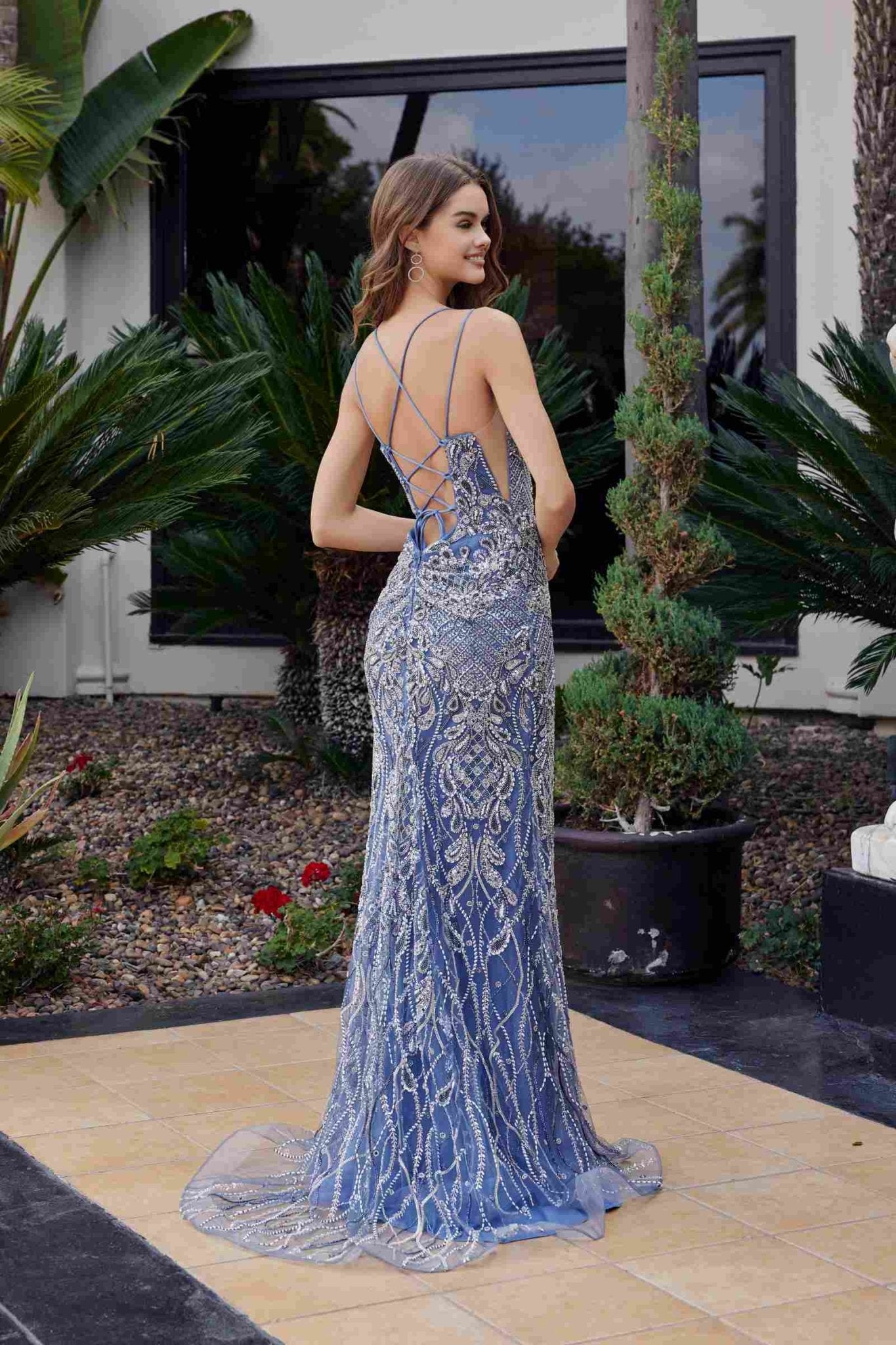 Nox Anabel C1834 Fitted Beaded Embellishments Peaked Neckline Prom Gown - Luzilly Bridal & Apparel