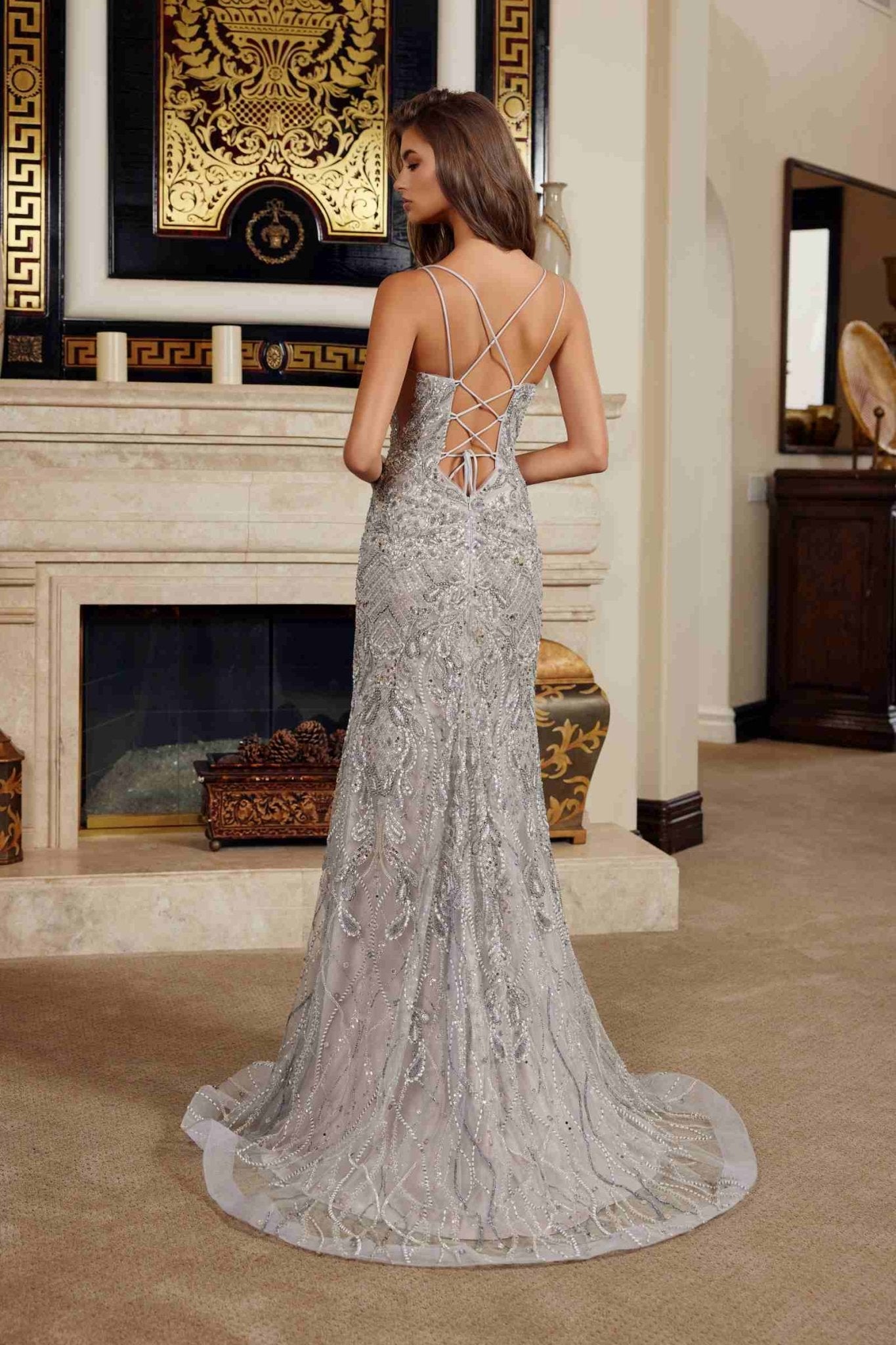 Nox Anabel C1834 Fitted Beaded Embellishments Peaked Neckline Prom Gown - Luzilly Bridal & Apparel