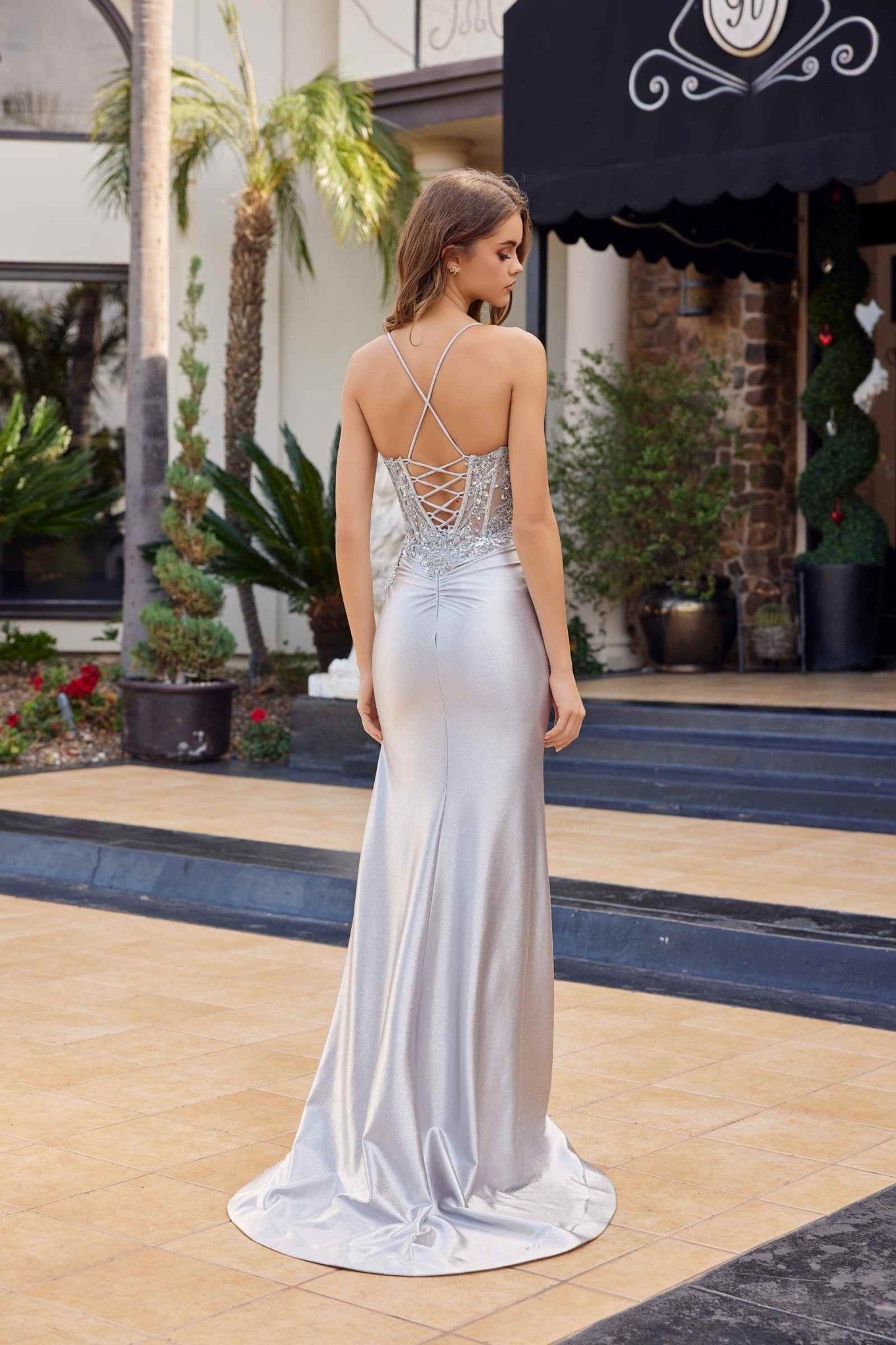 Nox Anabel C1841 Glitter Dusted Satin Sequined Embellishment Prom Gown - Luzilly Bridal & Apparel
