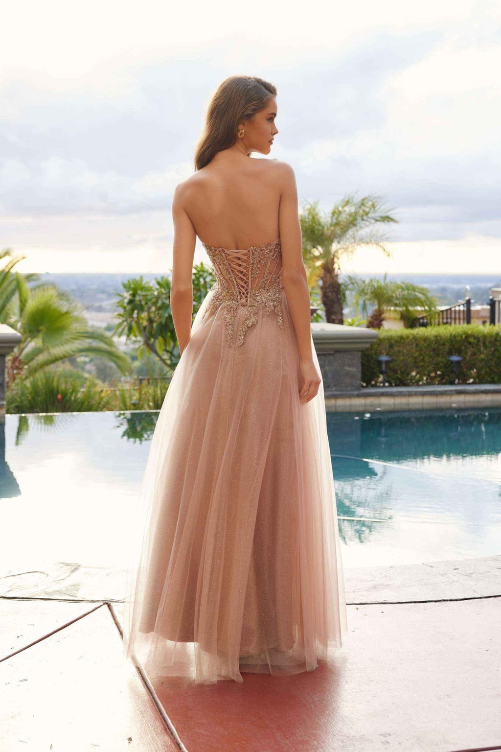 Nox Anabel C1843 Mesh A-Line Peaked Neckline Sequin Prom Ball Gown - Luzilly Bridal & Apparel