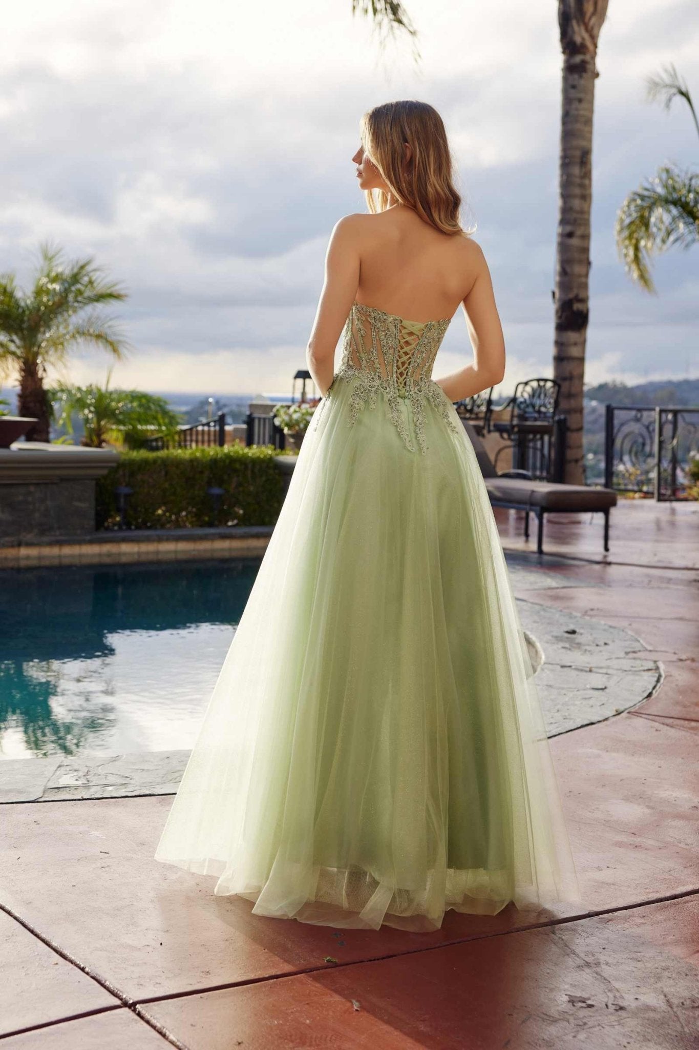 Nox Anabel C1843 Mesh A-Line Peaked Neckline Sequin Prom Ball Gown - Luzilly Bridal & Apparel