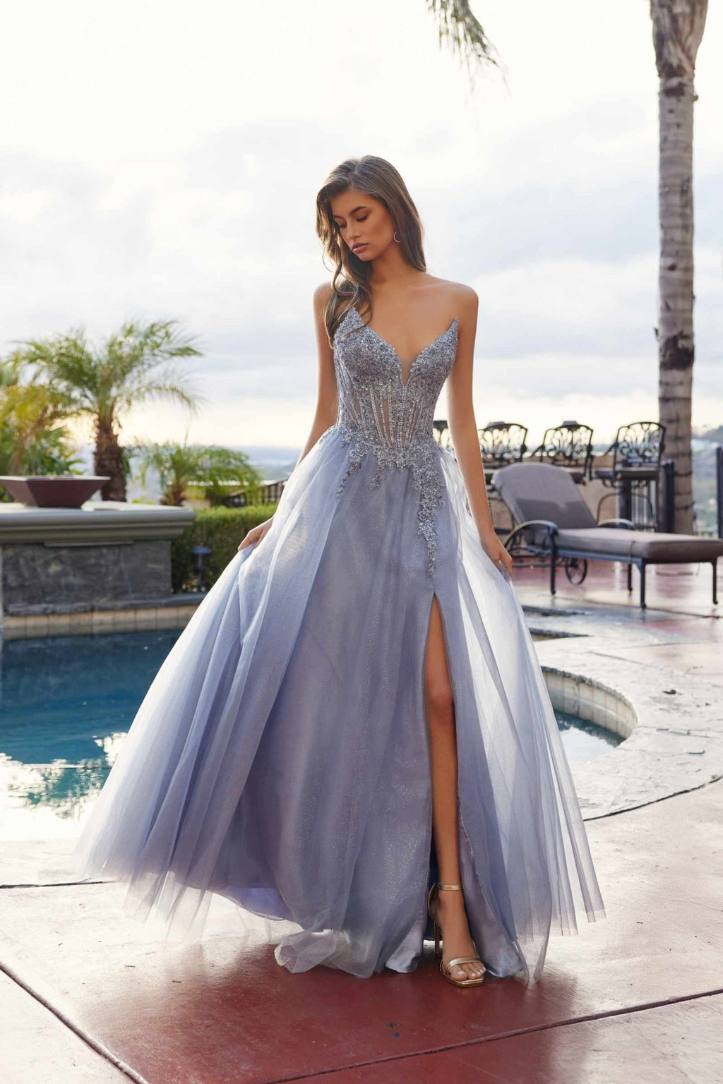 Nox Anabel C1843 Mesh A-Line Peaked Neckline Sequin Prom Ball Gown - Luzilly Bridal & Apparel