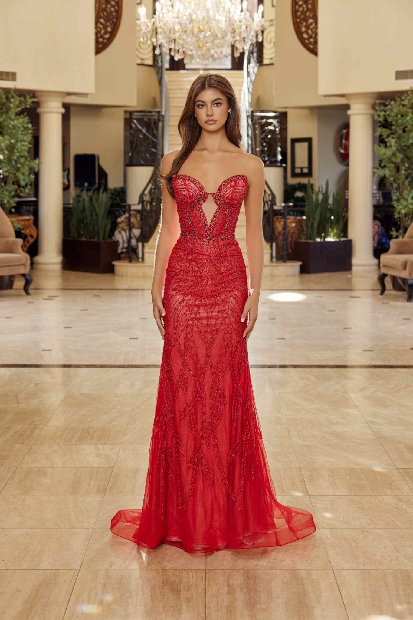 Nox Anabel C1848 Fitted Beaded Tulle Strapless Keyhole Bodice Prom Gown - Luzilly Bridal & Apparel