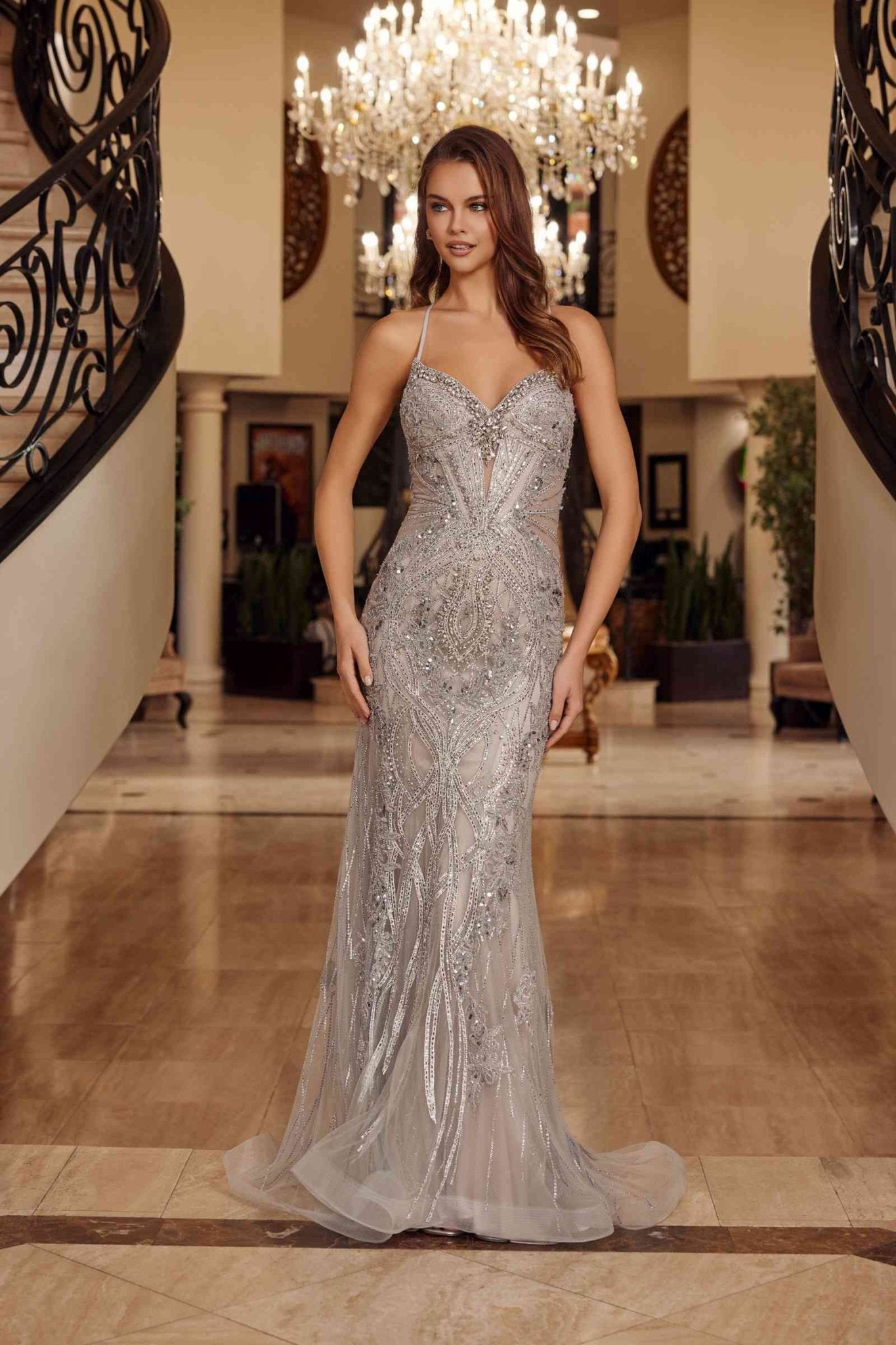 Nox Anabel C1849 Beaded Tulle Lace Up Closure Spaghetti Strap Prom Gown - Luzilly Bridal & Apparel