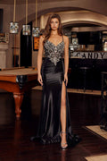 Nox Anabel C1852 Rhinestone Embellished Bodice Stretch Satin Prom Gown - Luzilly Bridal & Apparel