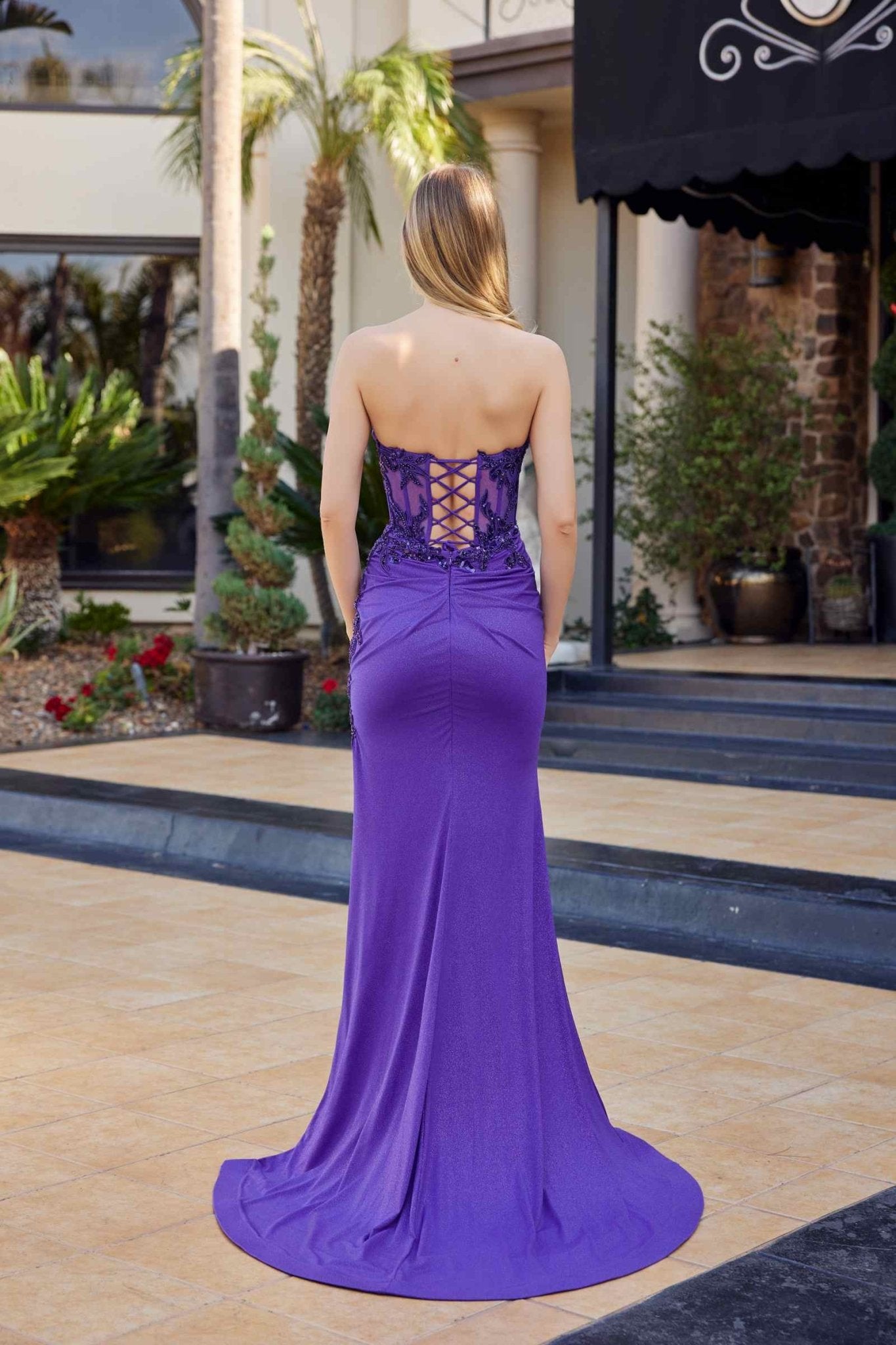 Nox Anabel C1868 Strapless Fitted Shimmer Jersey Thigh High Slit Prom Gown - Luzilly Bridal & Apparel