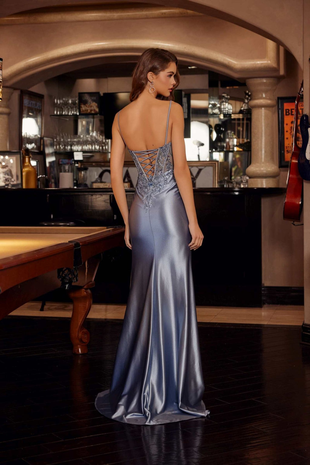 Nox Anabel D1766 Shiny Satin Prom Gown Plunging V-Neckline - Luzilly Bridal & Apparel