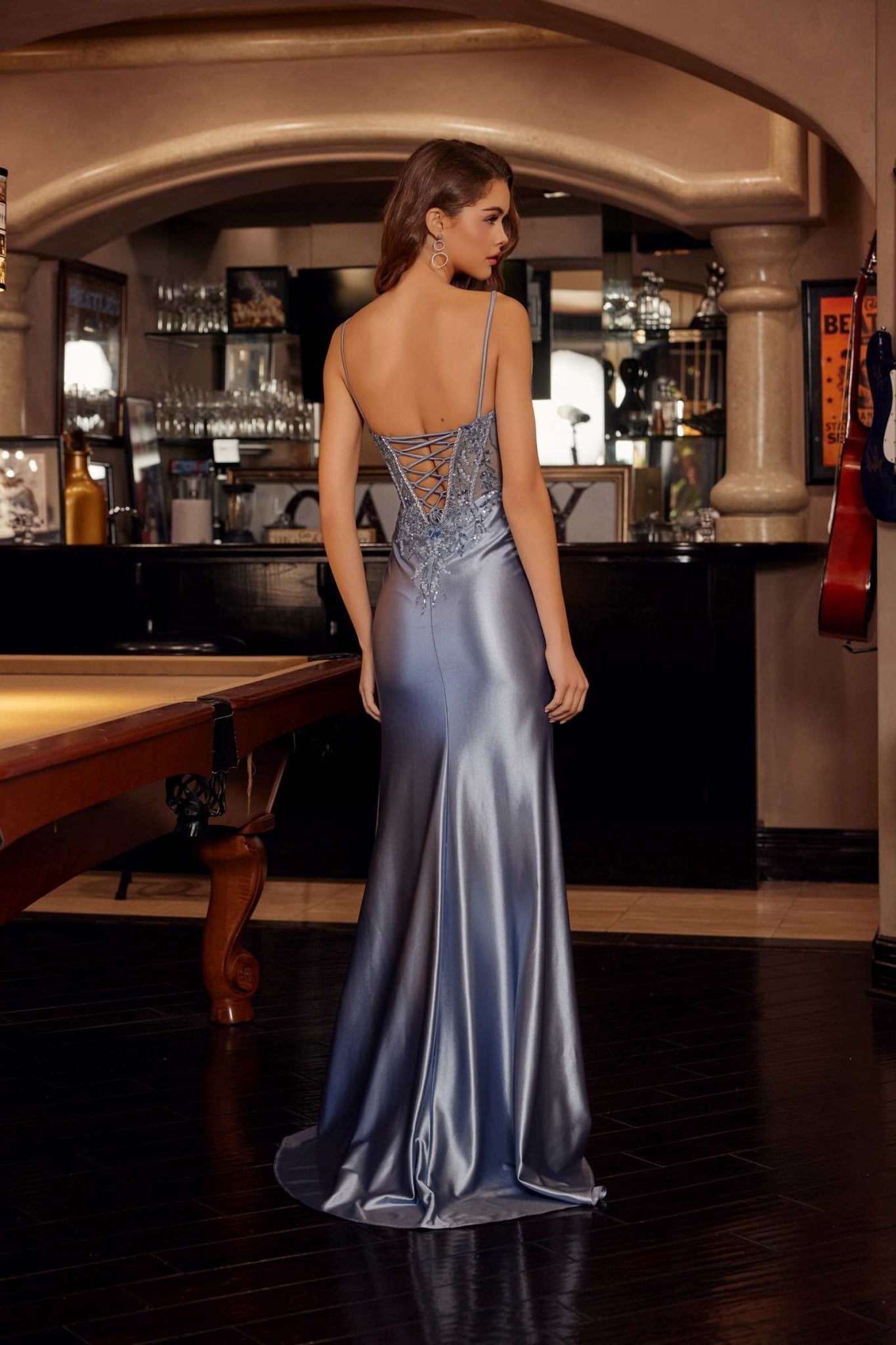 Nox Anabel D1766 Shiny Satin Prom Gown Plunging V-Neckline - Luzilly Bridal & Apparel
