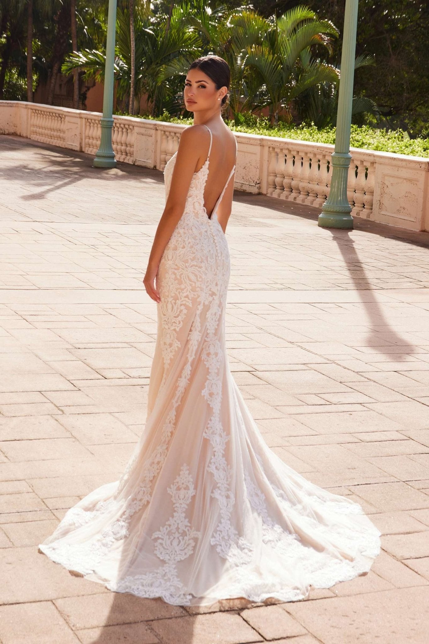 Nox Anabel H494 Spaghetti Strap V-Neckline Long Lace Wedding Gown - Luzilly Bridal & Apparel