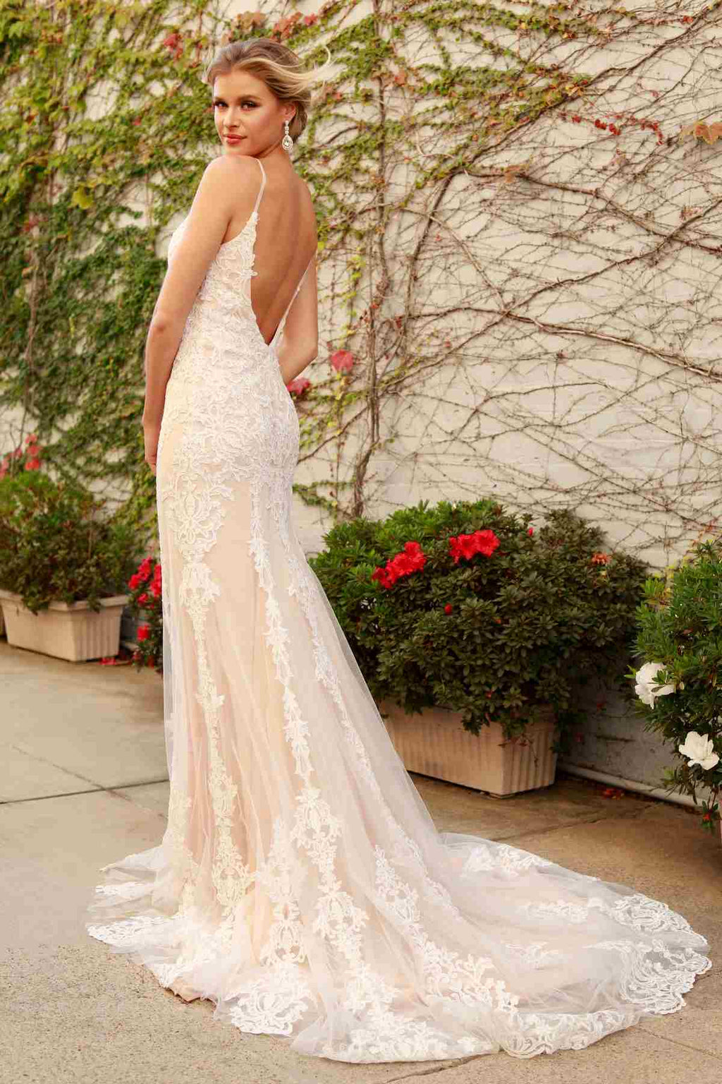 Nox Anabel H494 Spaghetti Strap V-Neckline Long Lace Wedding Gown - Luzilly Bridal & Apparel