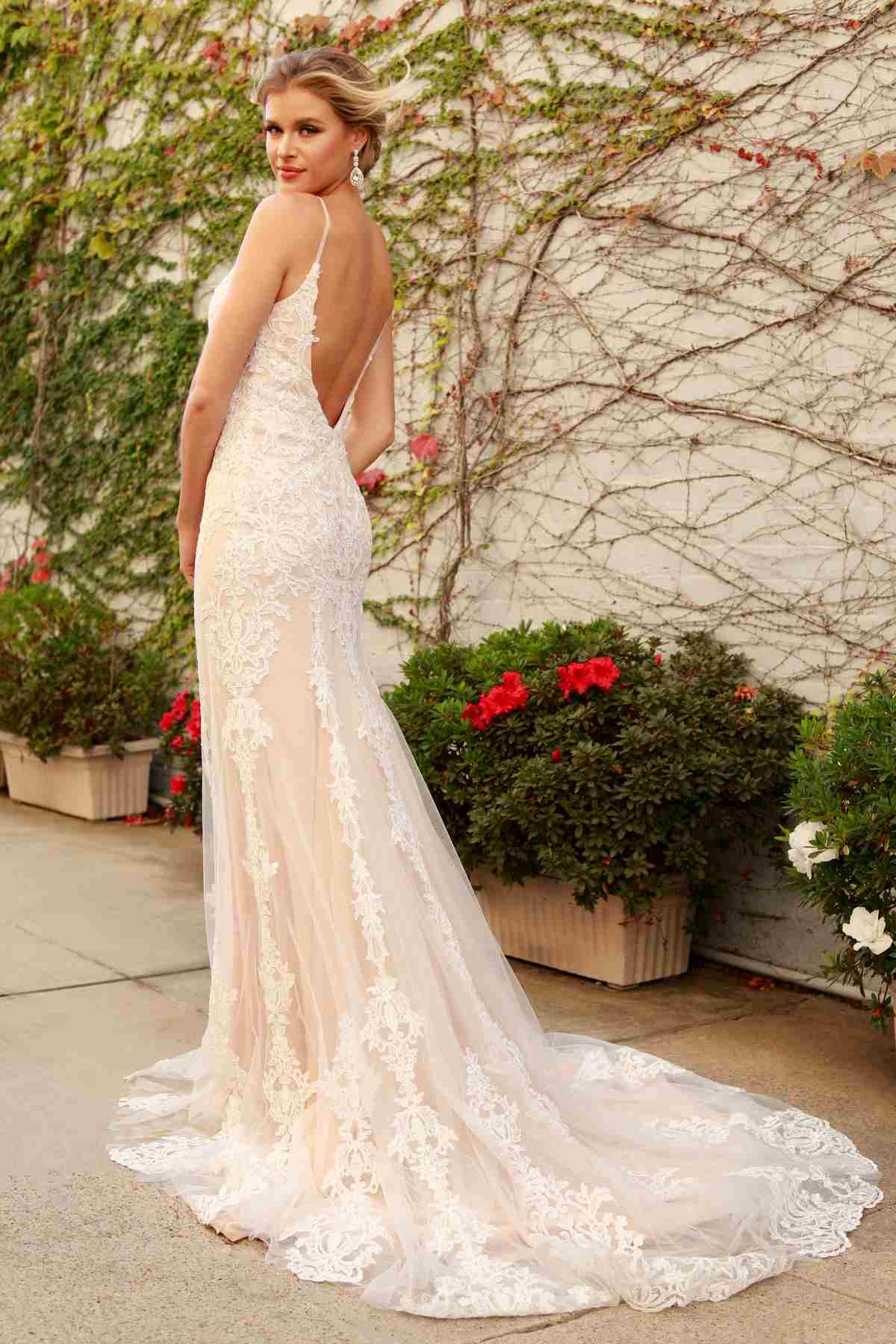 Nox Anabel H494 Spaghetti Strap V-Neckline Long Lace Wedding Gown - Luzilly Bridal & Apparel