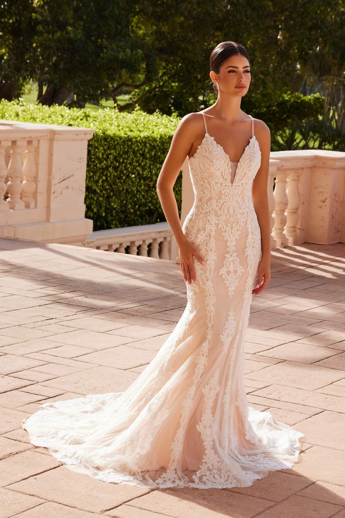 Nox Anabel H494 Spaghetti Strap V-Neckline Long Lace Wedding Gown - Luzilly Bridal & Apparel
