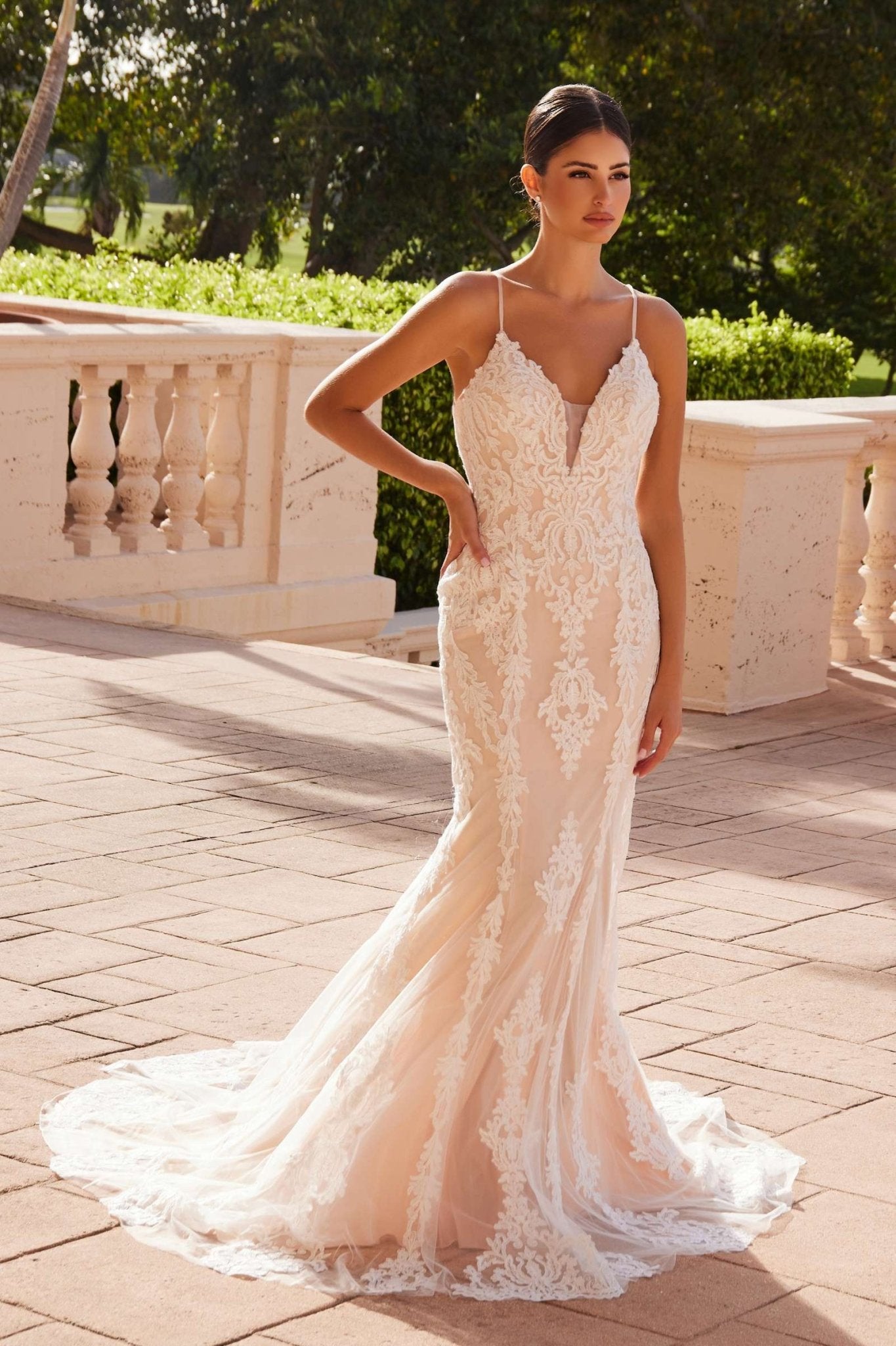 Nox Anabel H494 Spaghetti Strap V-Neckline Long Lace Wedding Gown - Luzilly Bridal & Apparel