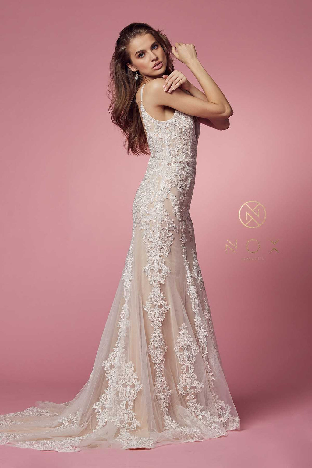 Nox Anabel H494 Spaghetti Strap V-Neckline Long Lace Wedding Gown - Luzilly Bridal & Apparel