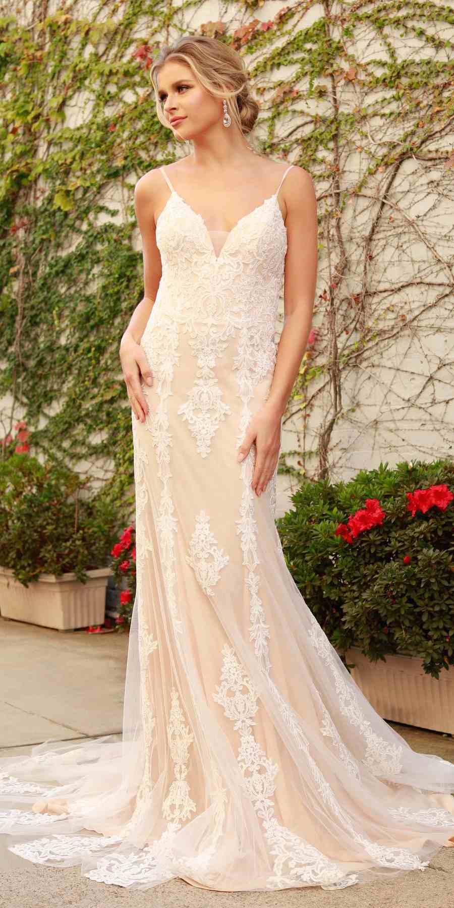 Nox Anabel H494 Spaghetti Strap V-Neckline Long Lace Wedding Gown - Luzilly Bridal & Apparel