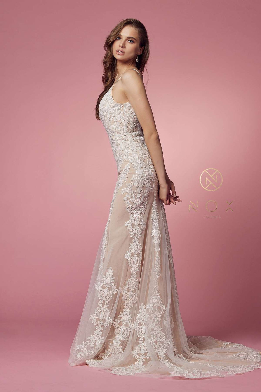 Nox Anabel H494 Spaghetti Strap V-Neckline Long Lace Wedding Gown - Luzilly Bridal & Apparel