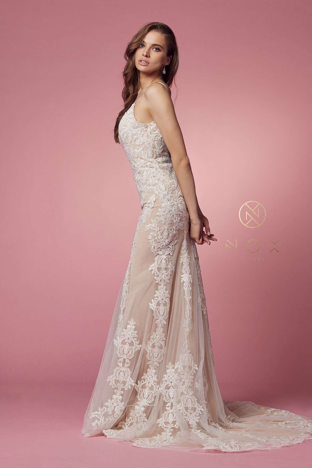 Nox Anabel H494 Spaghetti Strap V-Neckline Long Lace Wedding Gown - Luzilly Bridal & Apparel