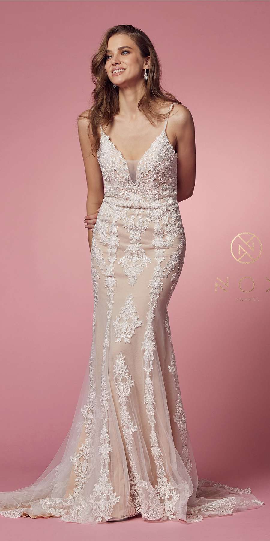 Nox Anabel H494 Spaghetti Strap V-Neckline Long Lace Wedding Gown - Luzilly Bridal & Apparel