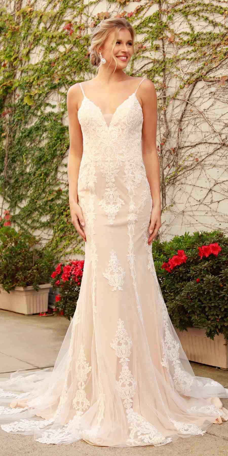 Nox Anabel H494 Spaghetti Strap V-Neckline Long Lace Wedding Gown - Luzilly Bridal & Apparel