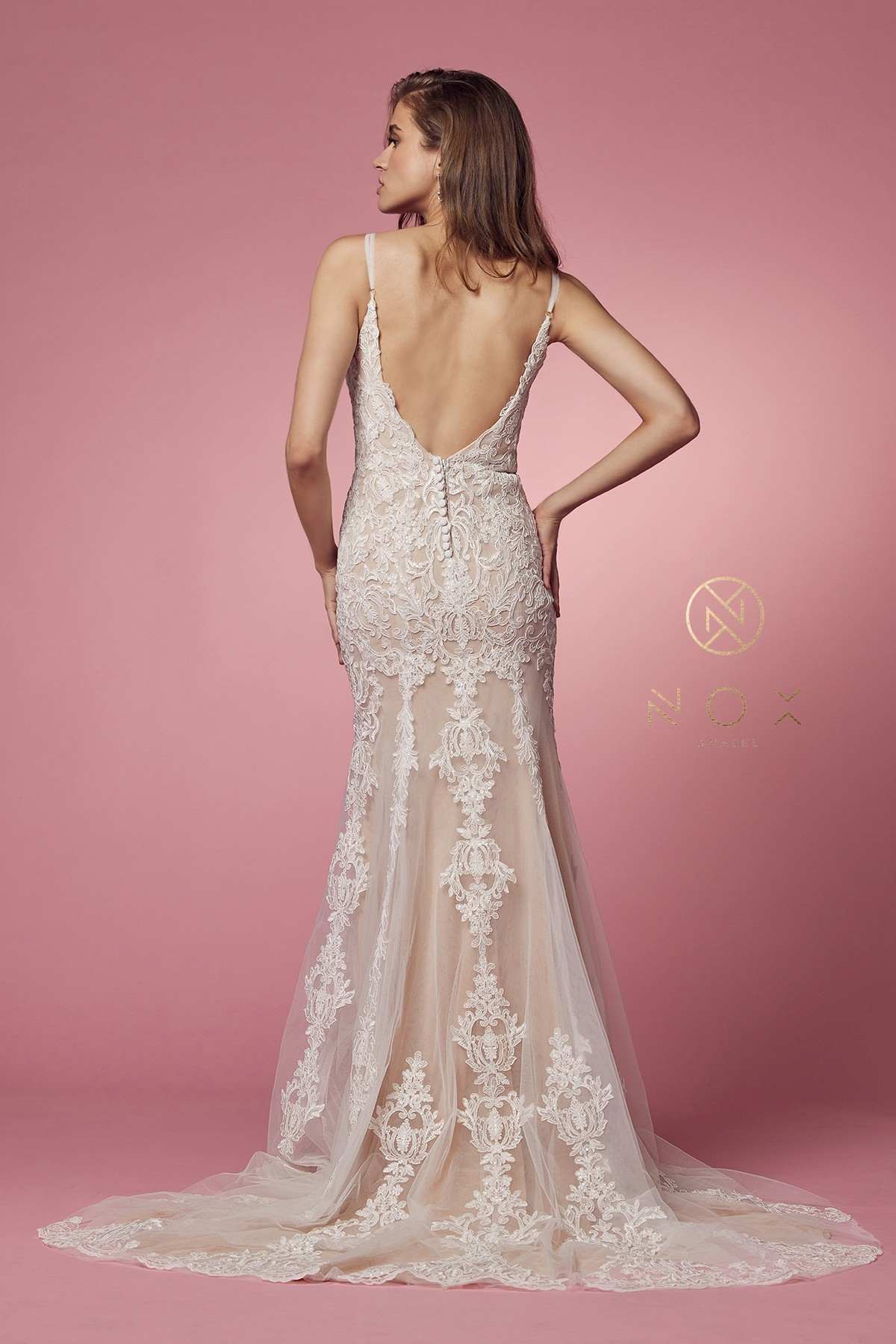 Nox Anabel H494 Spaghetti Strap V-Neckline Long Lace Wedding Gown - Luzilly Bridal & Apparel