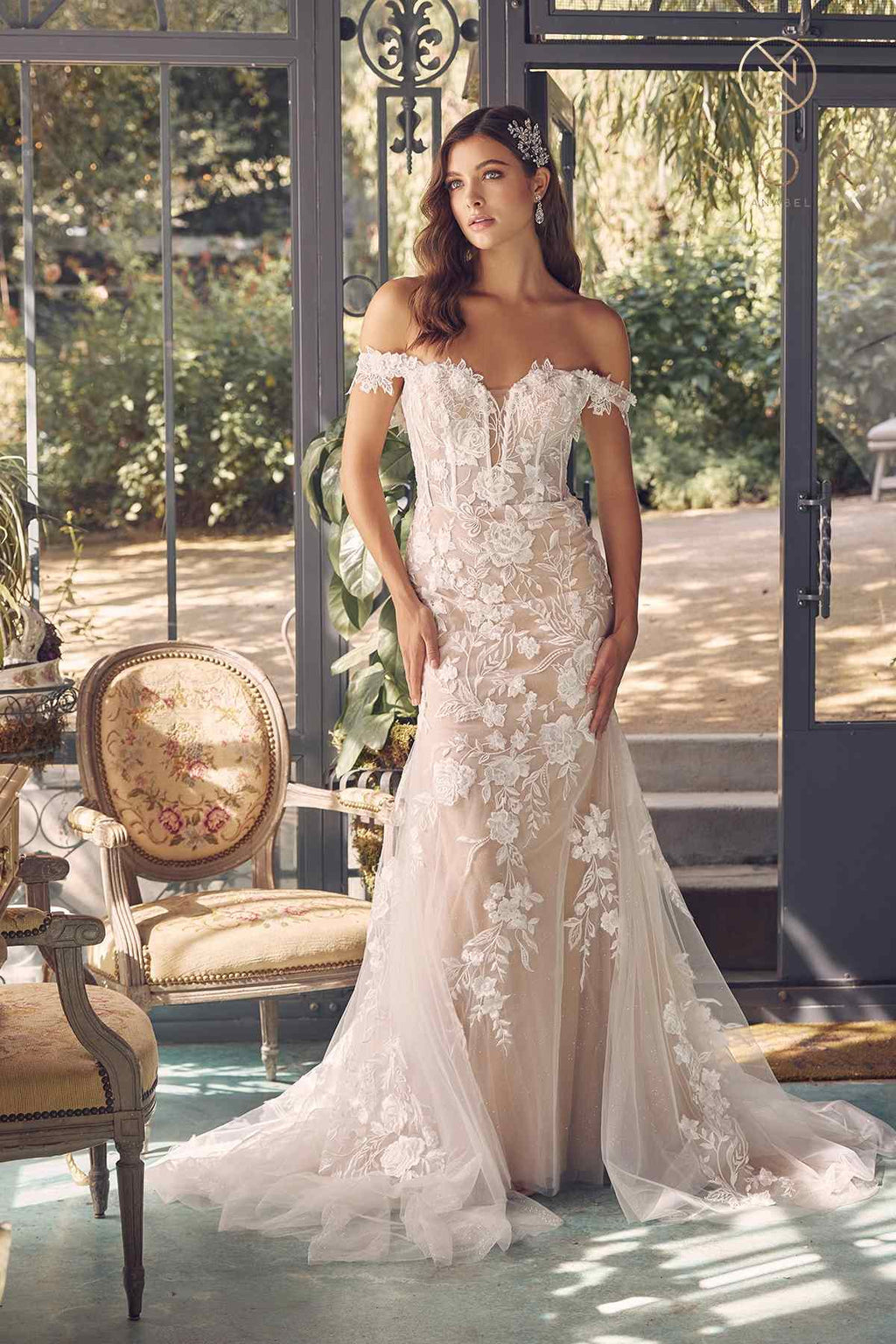 Nox Anabel JE974 Off-Shoulder Embroidered Wedding Gown - Luzilly Bridal & Apparel