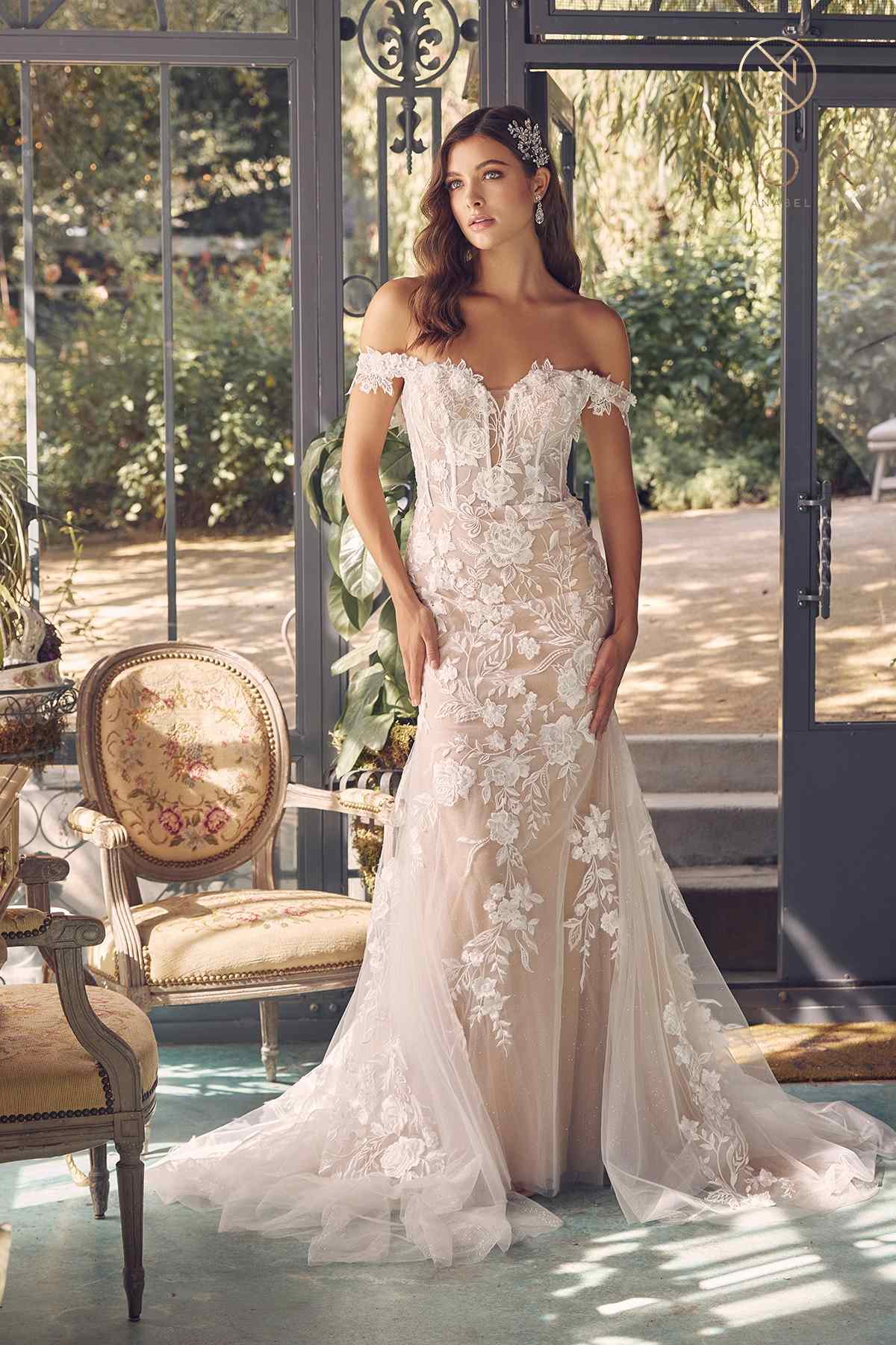 Nox Anabel JE974 Off-Shoulder Embroidered Wedding Gown - Luzilly Bridal & Apparel