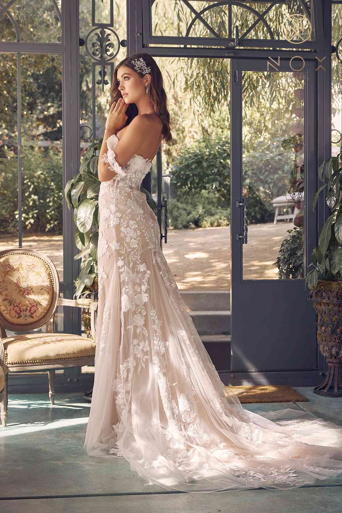 Nox Anabel JE974 Off-Shoulder Embroidered Wedding Gown - Luzilly Bridal & Apparel