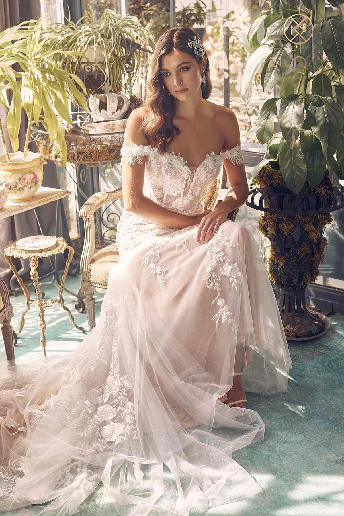 Nox Anabel JE974 Off-Shoulder Embroidered Wedding Gown - Luzilly Bridal & Apparel