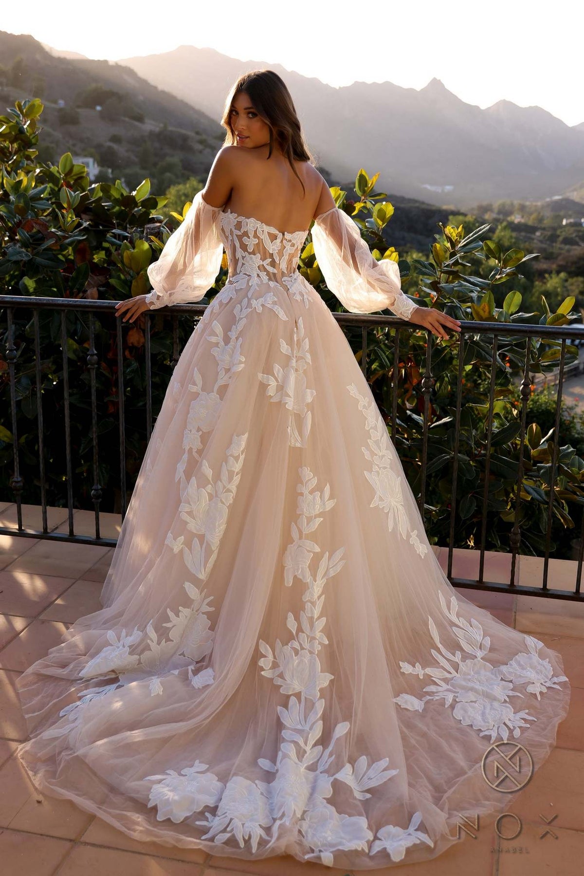 Nox Anabel JE990L Long Puff Sleeve Strapless Corset A-Line Bridal Gown - Luzilly Bridal & Apparel