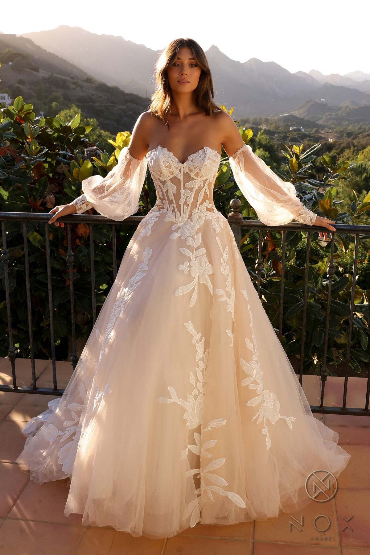 Nox Anabel JE990L Long Puff Sleeve Strapless Corset A-Line Bridal Gown - Luzilly Bridal & Apparel