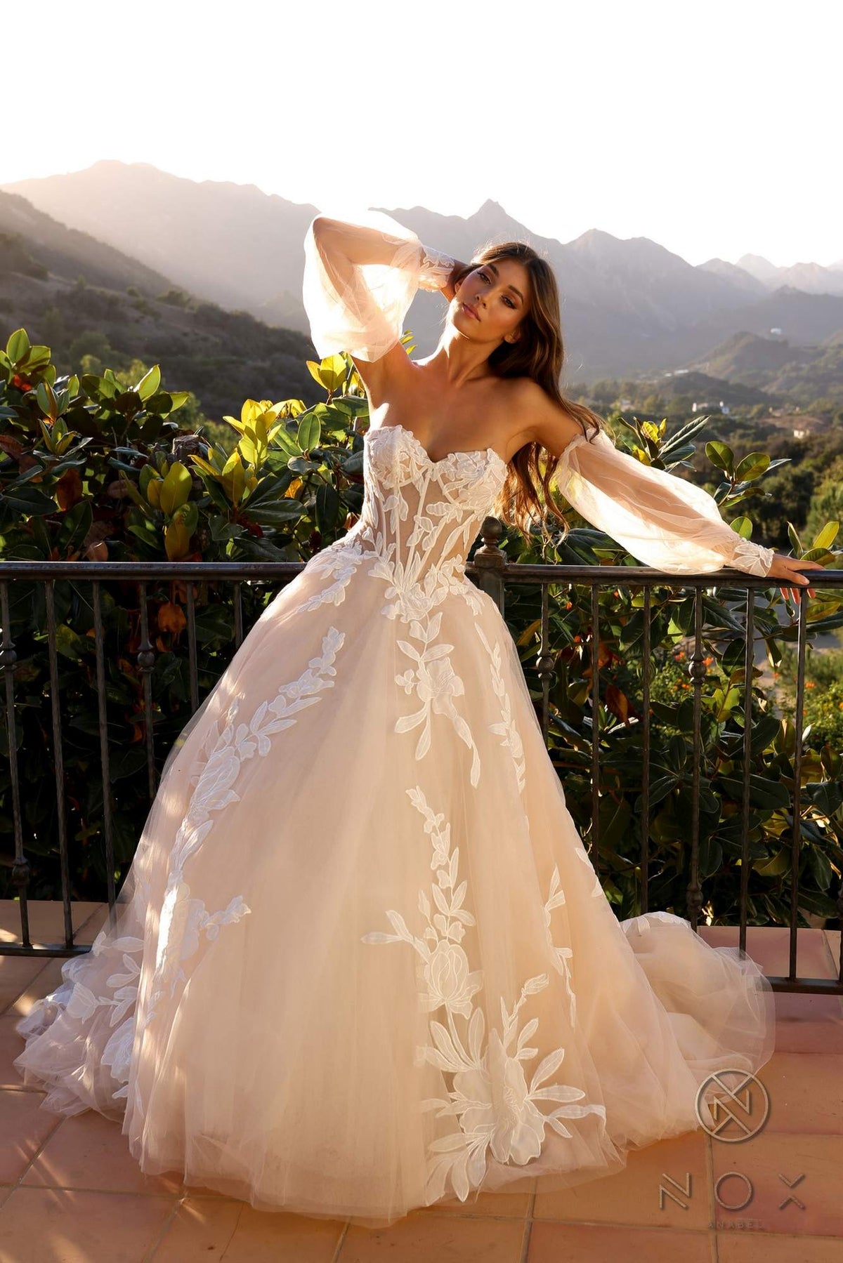Nox Anabel JE990L Long Puff Sleeve Strapless Corset A-Line Bridal Gown - Luzilly Bridal & Apparel