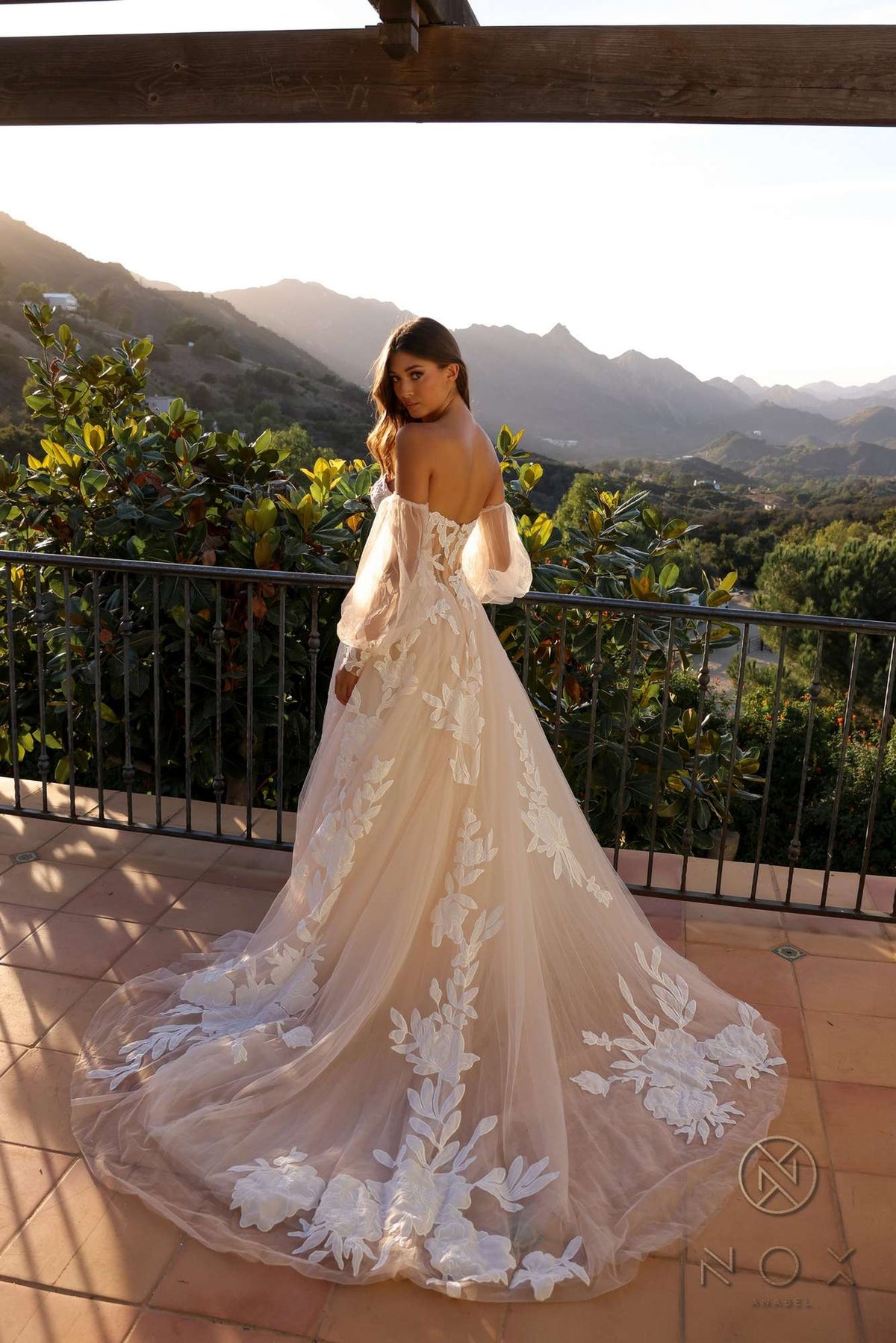 Nox Anabel JE990L Long Puff Sleeve Strapless Corset A-Line Bridal Gown - Luzilly Bridal & Apparel