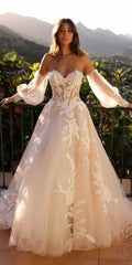 Nox Anabel JE990L Long Puff Sleeve Strapless Corset A-Line Bridal Gown - Luzilly Bridal & Apparel