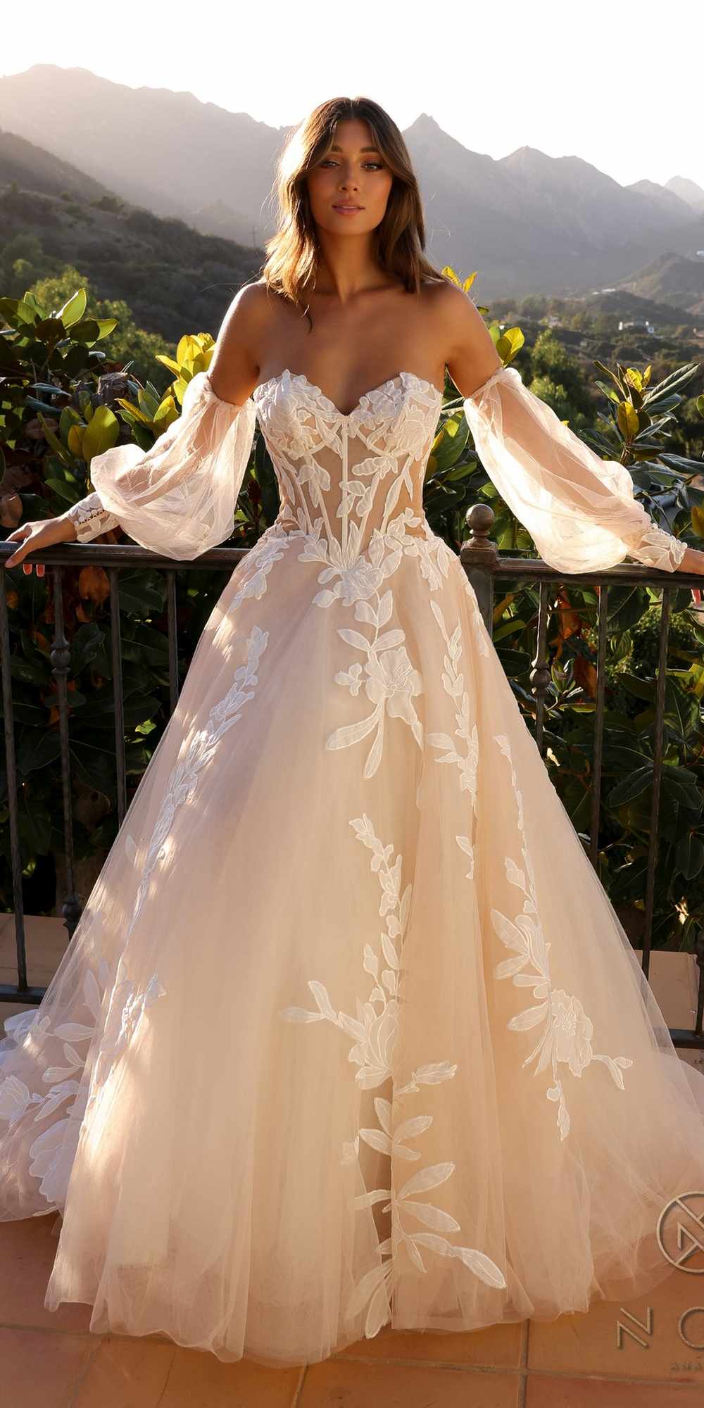 Nox Anabel JE990L Long Puff Sleeve Strapless Corset A-Line Bridal Gown - Luzilly Bridal & Apparel