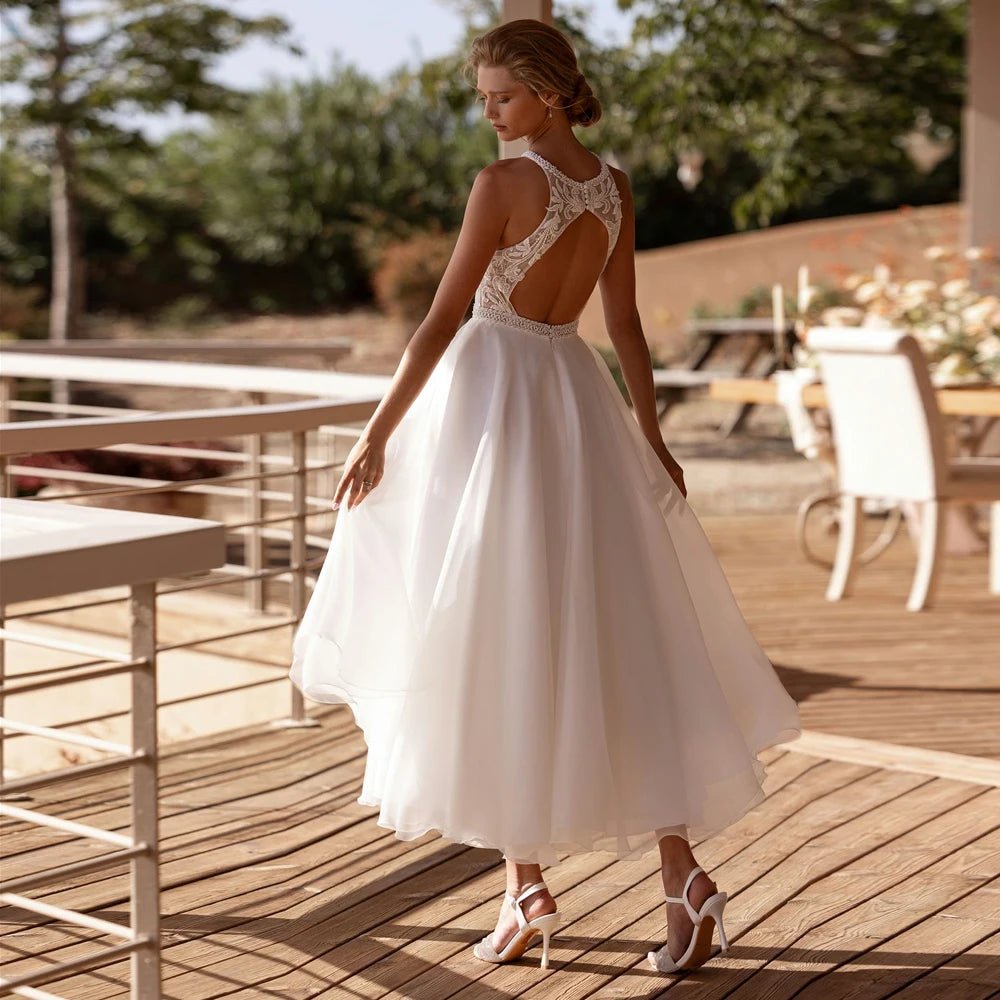 O-Neck Lace Appliqué Tea-Length A-Line Wedding Dress - Luzilly Bridal & Apparel