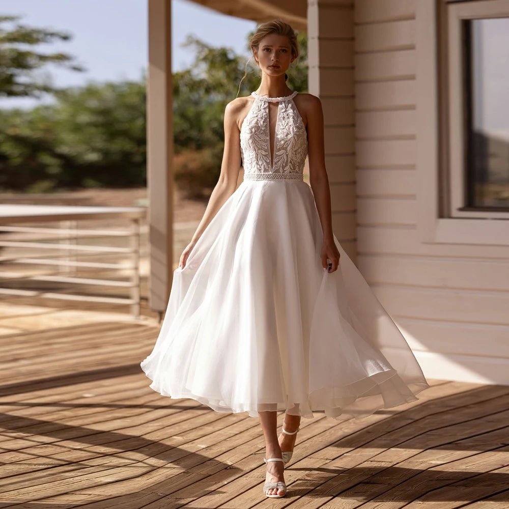 O-Neck Lace Appliqué Tea-Length A-Line Wedding Dress - Luzilly Bridal & Apparel