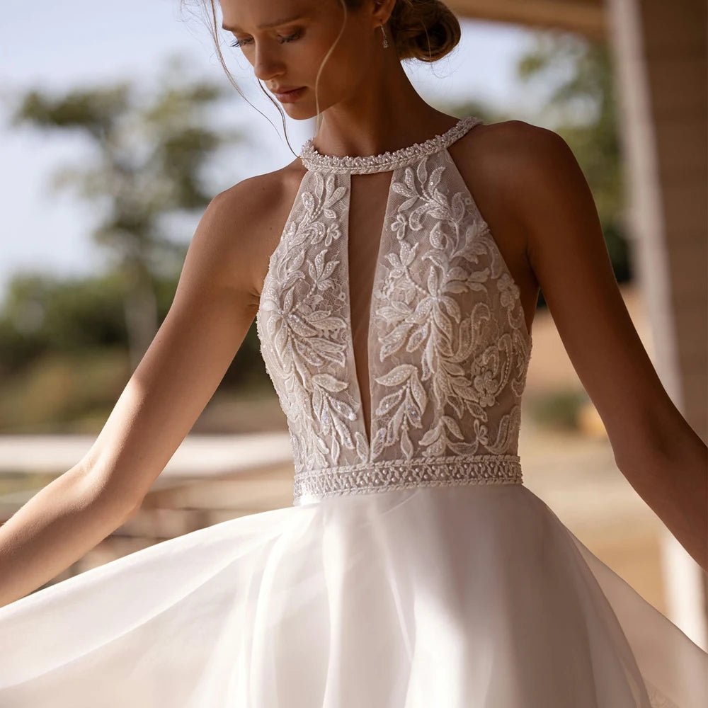 O-Neck Lace Appliqué Tea-Length A-Line Wedding Dress - Luzilly Bridal & Apparel