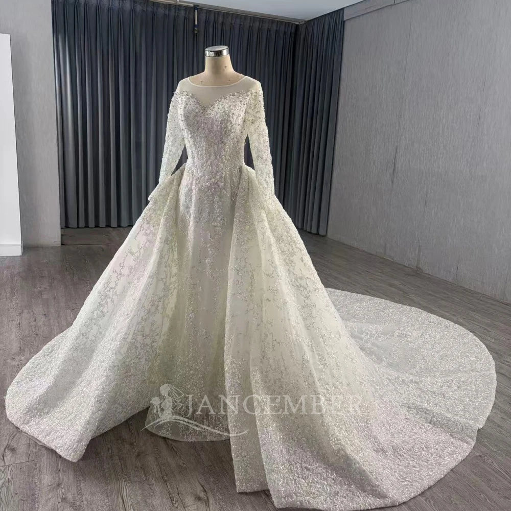 O-Neck Long-Sleeve Ball Gown Wedding Dress with Court Train - Luzilly Bridal & Apparel
