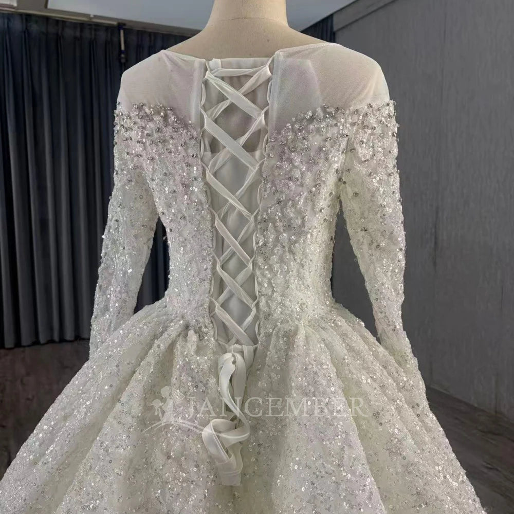O-Neck Long-Sleeve Ball Gown Wedding Dress with Court Train - Luzilly Bridal & Apparel