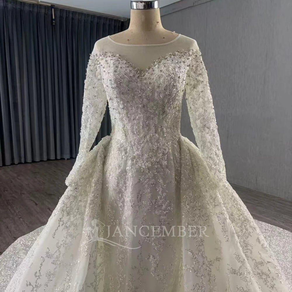 O-Neck Long-Sleeve Ball Gown Wedding Dress with Court Train - Luzilly Bridal & Apparel