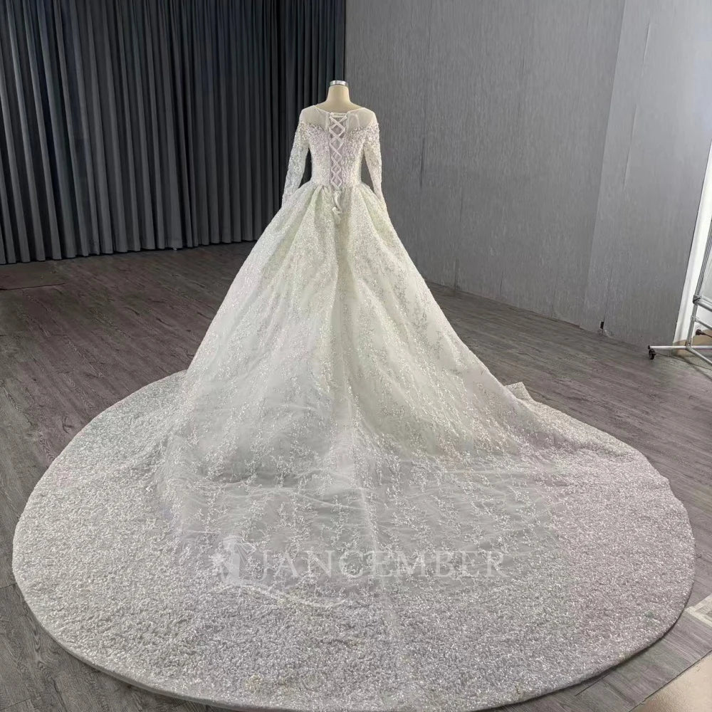 O-Neck Long-Sleeve Ball Gown Wedding Dress with Court Train - Luzilly Bridal & Apparel