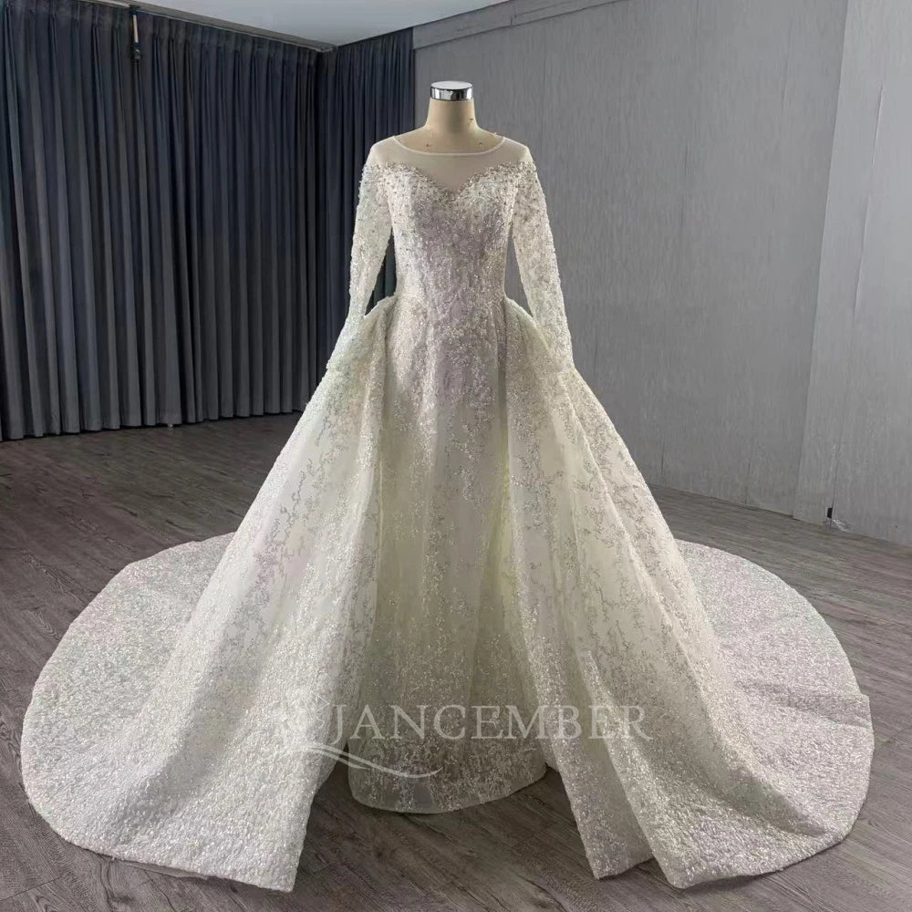 O-Neck Long-Sleeve Ball Gown Wedding Dress with Court Train - Luzilly Bridal & Apparel
