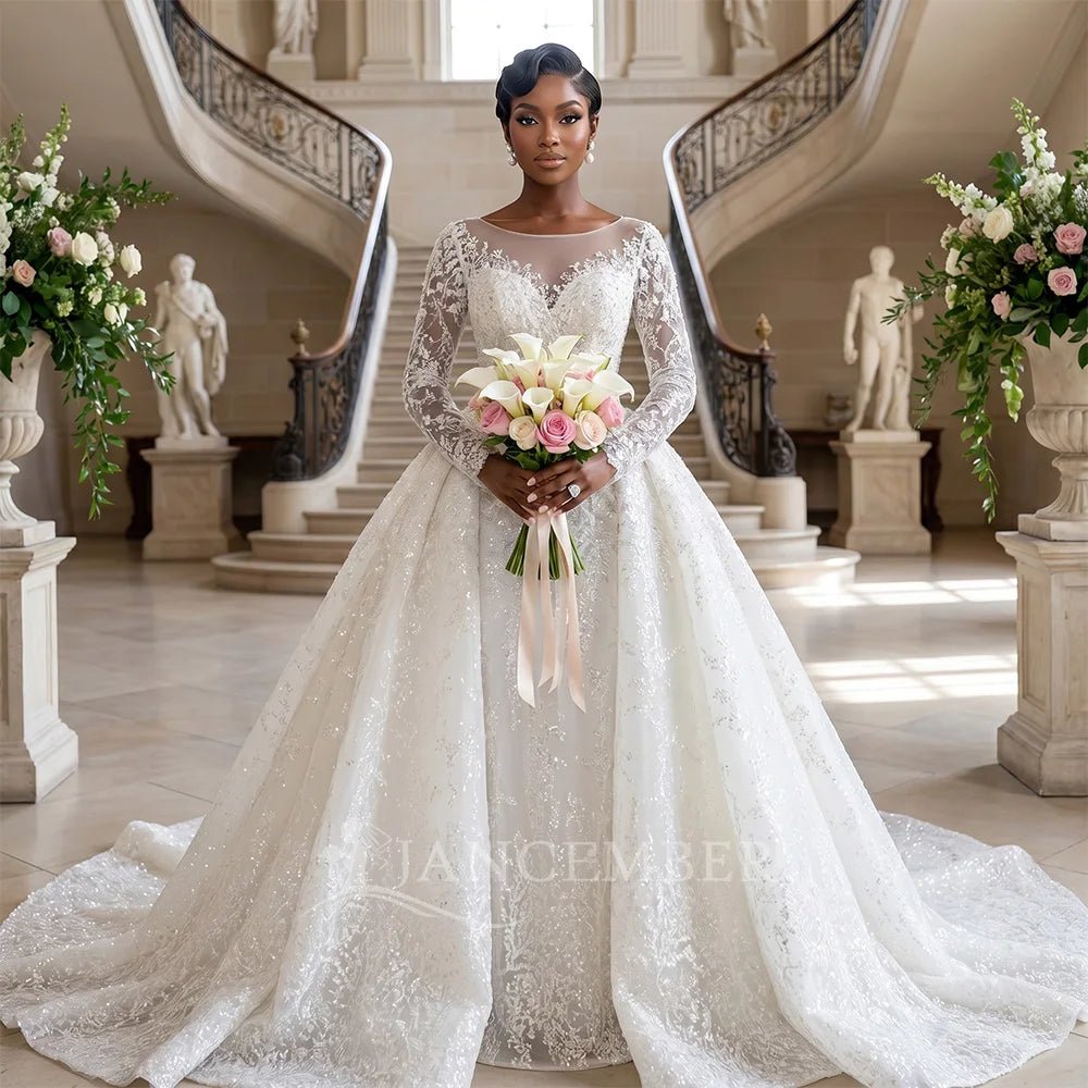 O-Neck Long-Sleeve Ball Gown Wedding Dress with Court Train - Luzilly Bridal & Apparel