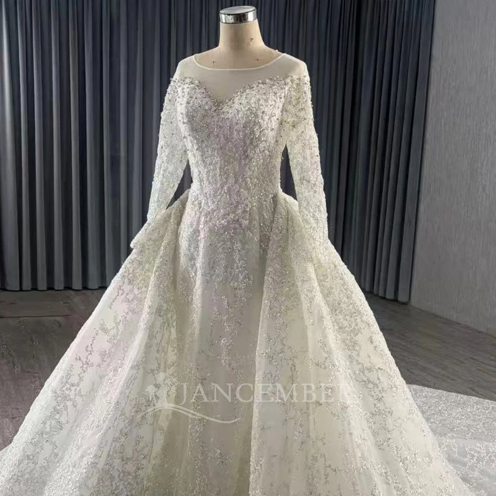 O-Neck Long-Sleeve Ball Gown Wedding Dress with Court Train - Luzilly Bridal & Apparel