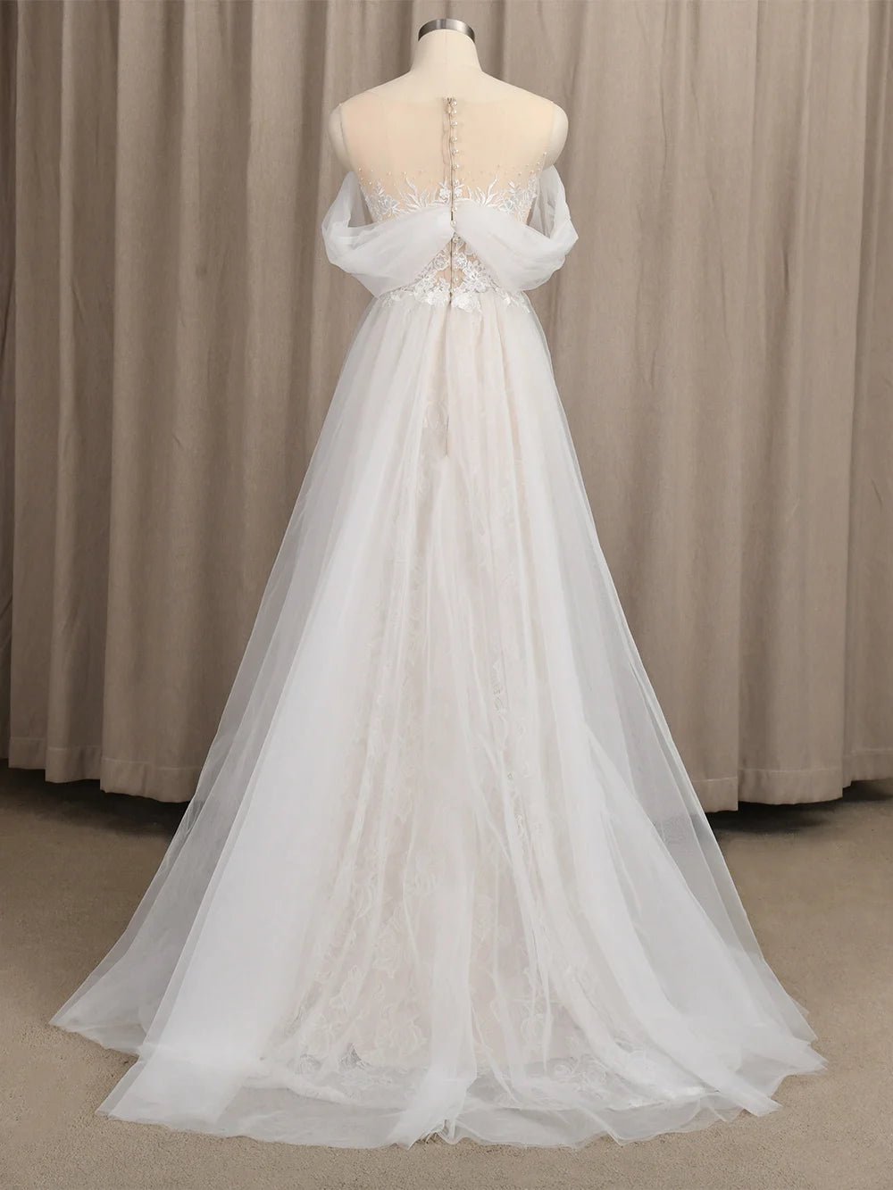 O-Neck Off-Shoulder Pearl and Lace A-Line Wedding Dress - Luzilly Bridal & Apparel
