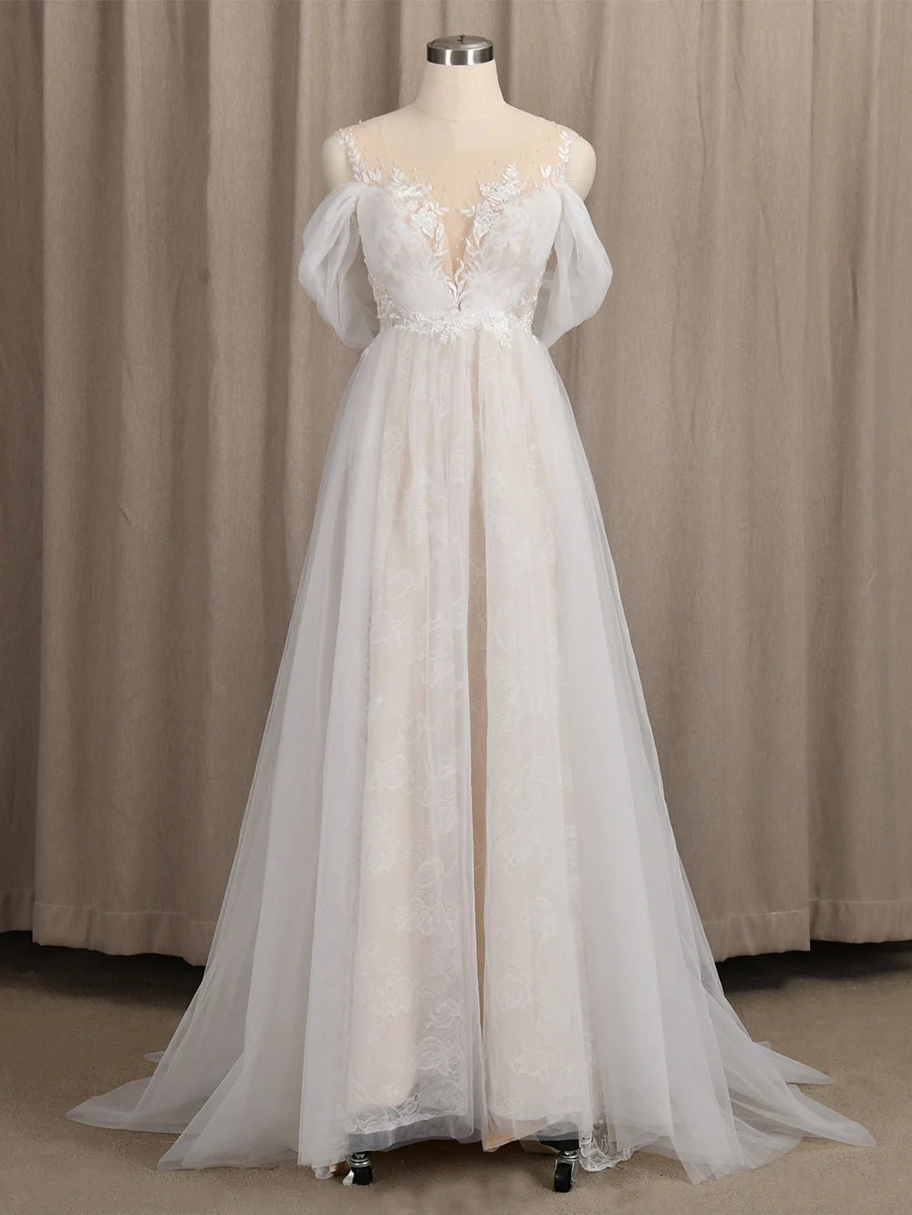 O-Neck Off-Shoulder Pearl and Lace A-Line Wedding Dress - Luzilly Bridal & Apparel