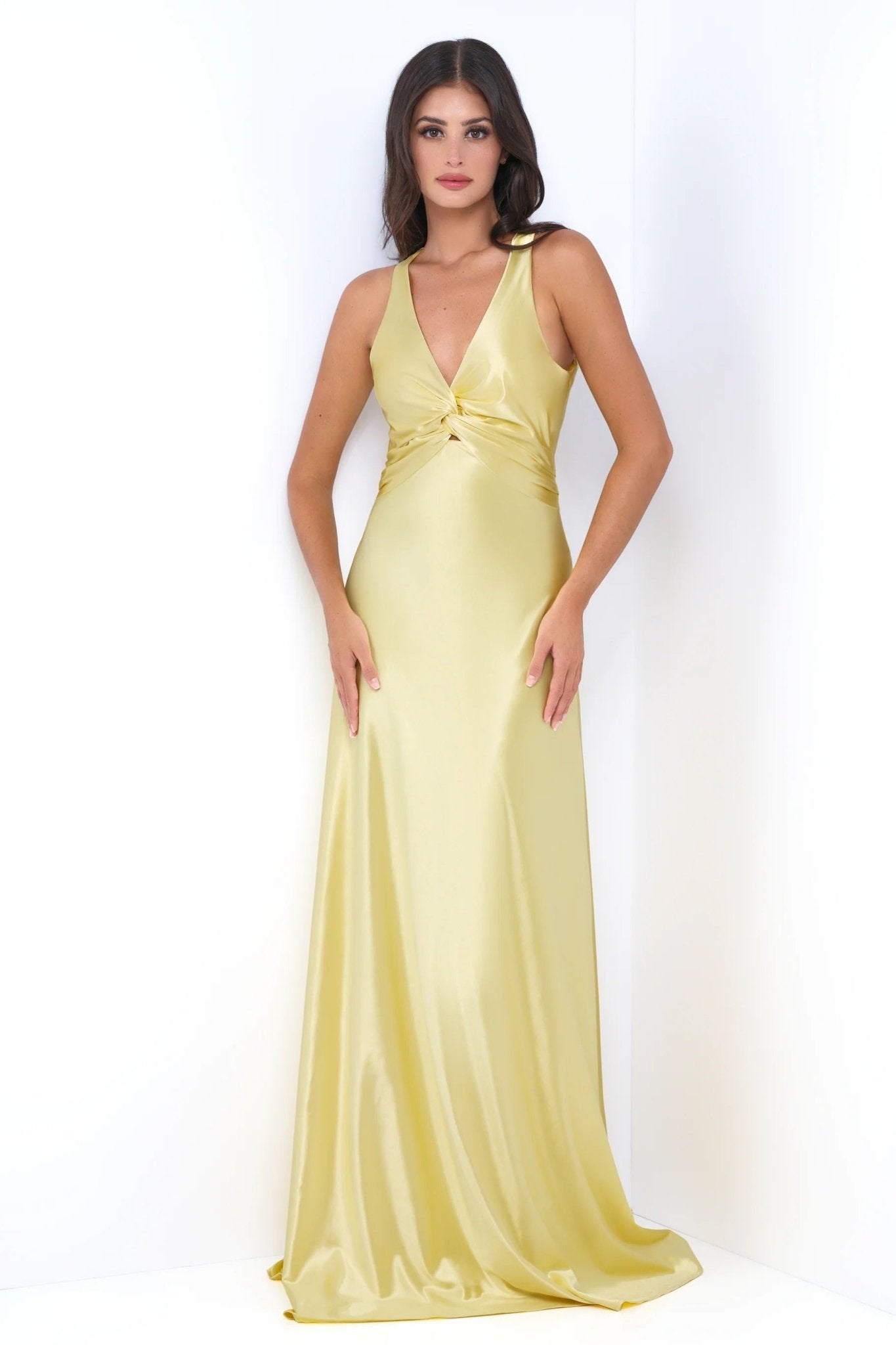 Odette Maxi Dress - Yellow - Open Back With Adjustable Bow Tie Detail - Luzilly Bridal & Apparel