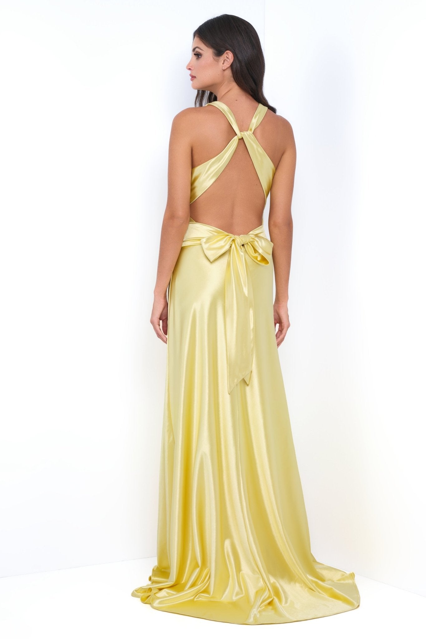 Odette Maxi Dress - Yellow - Open Back With Adjustable Bow Tie Detail - Luzilly Bridal & Apparel